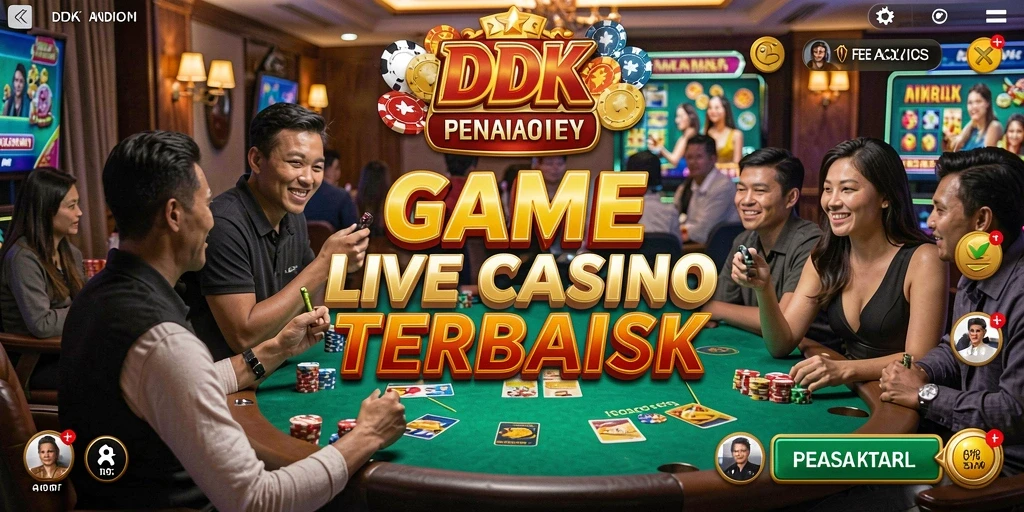 Screenshot gameplay DKK menampilkan dealer langsung dalam suasana kasino yang dinamis.