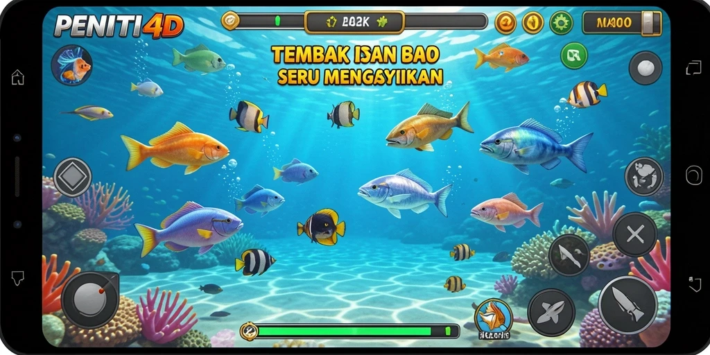 Screenshot PENITI4D menampilkan aksi seru menembak ikan di bawah laut.