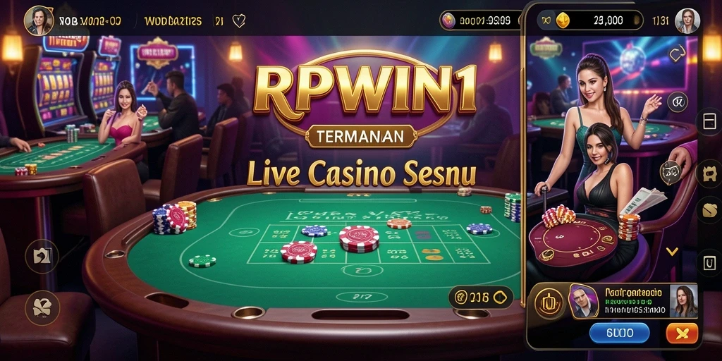 Screenshot gameplay RPWIN1 menampilkan dealer langsung yang ramah dan suasana permainan yang mendebarkan.