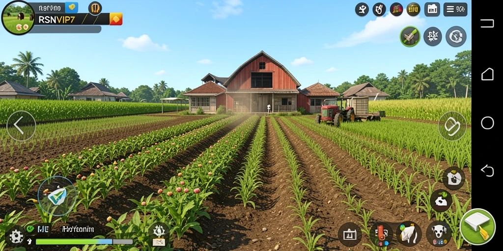 Tampilan gameplay <strong>RSNVIP7</strong> menampilkan ladang yang subur dan tanaman yang siap panen.